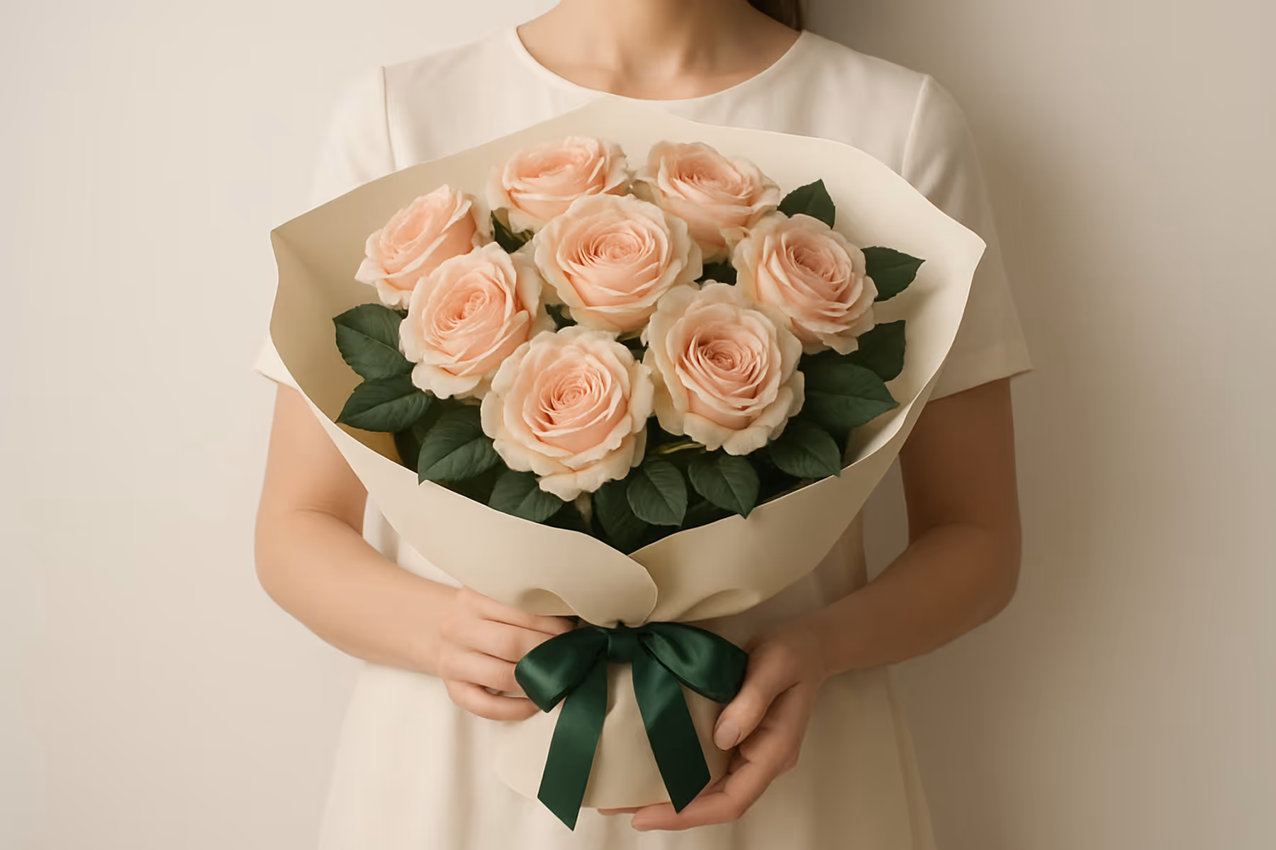 Woman with cream roses