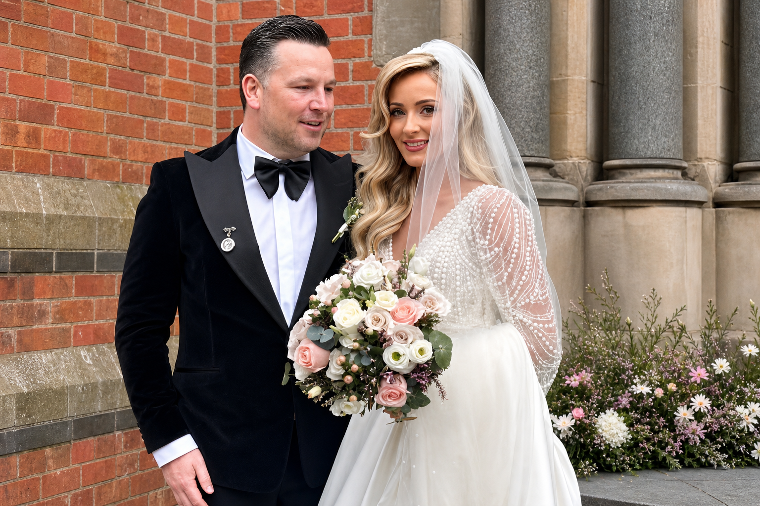 Wedding couple with floral bouquet